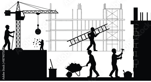 Construction site with workers and equipment in black silhouette high quality professional detailed modern elegant stylish clean crisp vibrant colorful digital