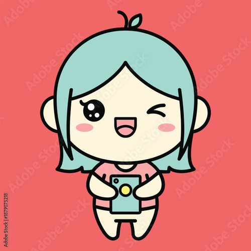 Cute cartoon girl with blue hair holding a camera and winking