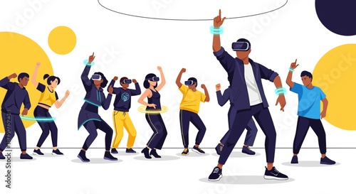Diverse group exploring virtual reality experiences with futuristic gaming technology and vibrant