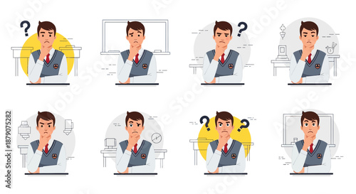 Diverse illustrations of a thoughtful young student in various academic settings with question marks