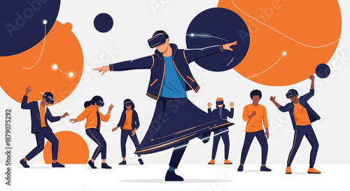 Diverse individuals immersed in virtual reality experiences navigating augmented simulations