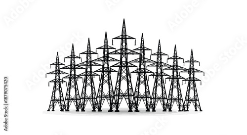 An intricate arrangement of towering black electrical pylons against a stark white background evokes a sense of industrial power silhouette