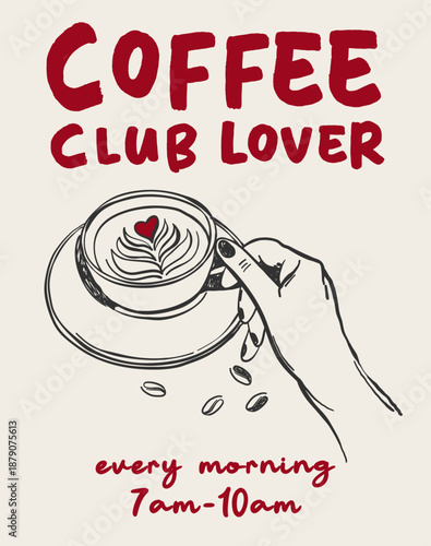 Vintage la dolce vita poster with hand drawn coffee cup. Aesthetic quote coffee club lover. Whimsical chalk vector illustration for wall art gallery, t shirt print, menus in cafe or restaurant etc.