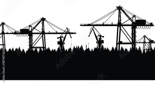 A striking view of industrial port cranes against a bright sky showcasing detailed structural designs presented as a dramatic silhouette