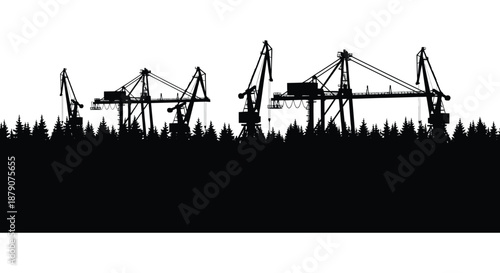 A striking view showcases industrial port cranes standing against a bright white sky creating a dramatic silhouette high quality professional detailed