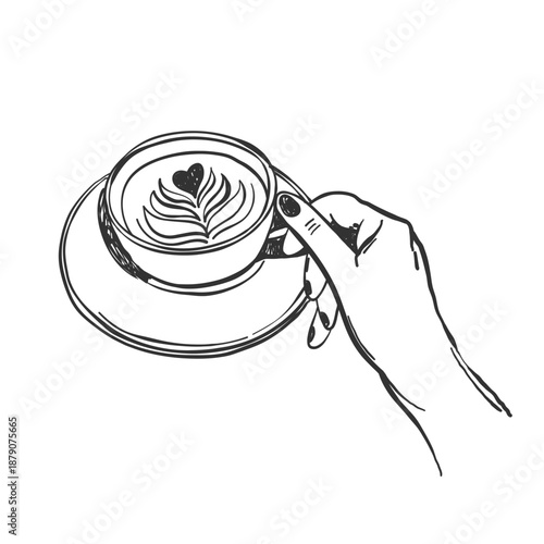 Vintage la dolce vita illustration with cup of coffee or matcha in hand. Whimsical chalk vector illustration for wall art gallery, t shirt print, menus in cafe or restaurant etc. White background.