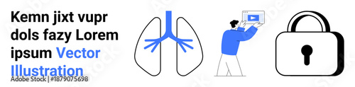 Anatomical lung diagram, person interacting with video content on a device, and a secure padlock. Ideal for health, education, cybersecurity, technology, digital learning, data privacy simple