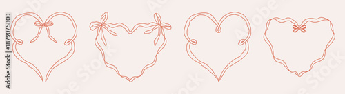Retro whimsical ribbon heart frames with tied bow. Vintage elegant girly border for Christmas cards, Valentines card, birthday, wedding invitations, menu design etc. Line art vector illustration.