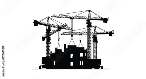 A striking depiction of multiple construction cranes towering over a building s outline rendered as a bold silhouette high quality professional detailed