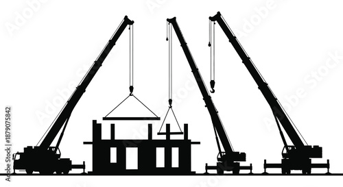 Two large industrial cranes are carefully lifting a complex architectural structure into place creating a striking silhouette high quality professional detailed