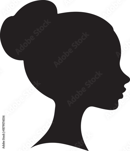 Simple black silhouette of a womans head in profile with her hair neatly styled in a bun