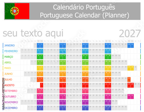 2027 Portuguese Planner Calendar with Horizontal Months on white background