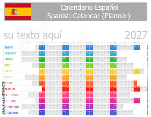 2027 Spanish Planner Calendar with Horizontal Months on white background