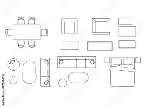 CAD Furniture Blocks Top View – Interior Floor Plan Outline Vector Set