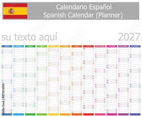 2027 Spanish Planner Calendar with Vertical Months on white background