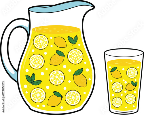 Fresh Lemonade Vector Illustration  Glass Pitcher and Cup with Lemon Slices