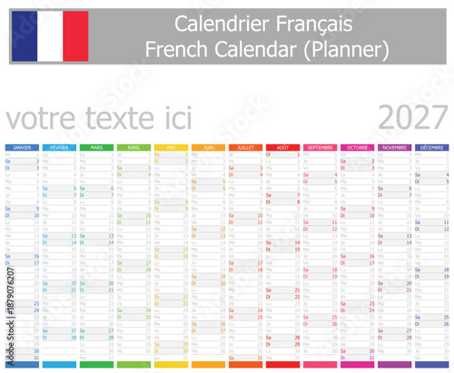 2027 French Planner Calendar with Vertical Months on white background