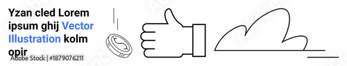 Approval, financial support, cloud technology, rewards, success, online transactions. Minimal line art showing a thumbs-up, coin and cloud. approval and financial support concepts