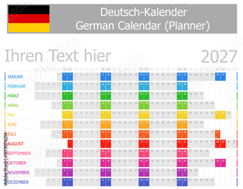 2027 German Planner Calendar with Horizontal Months on white background