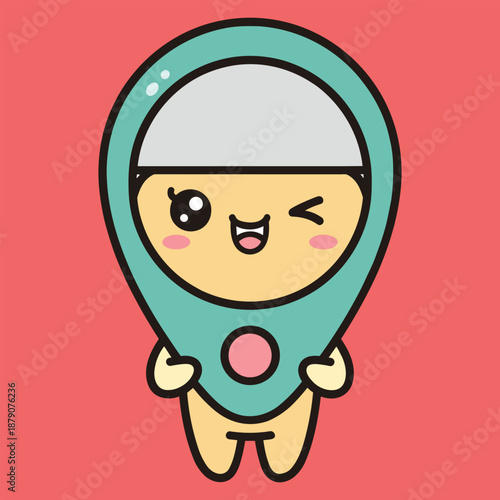 Cute cartoon character with turquoise helmet and yellow face winking and smiling