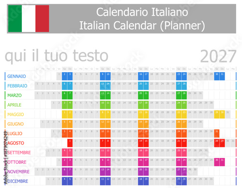 2027 Italian Planner Calendar with Horizontal Months on white background
