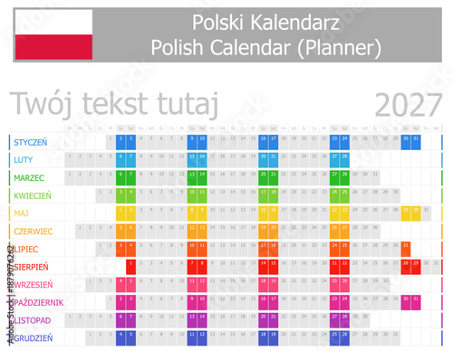 2027 Polish Planner Calendar with Horizontal Months on white background