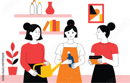 Women Doing Household Chores Vector Set  Cleaning, Cooking, and Plant Care