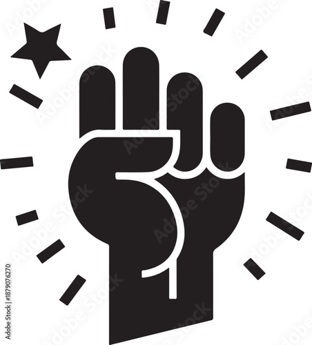 Striking black silhouette of a powerful raised clenched fist with radiating lines and a star symbol