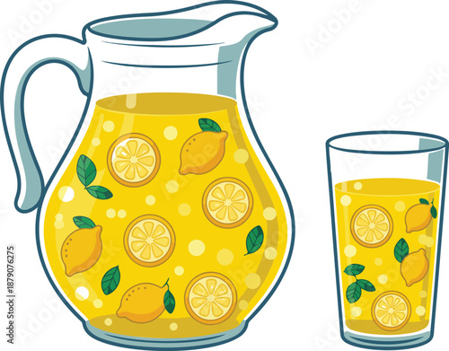 Fresh Lemonade Vector Illustration  Glass Pitcher and Cup with Lemon Slices