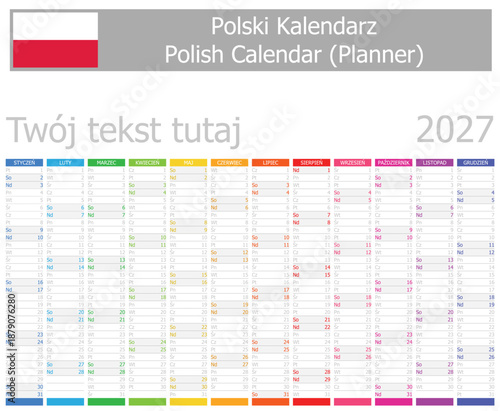 2027 Polish Planner Calendar with Vertical Months on white background