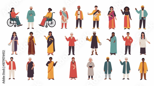 Diverse people in traditional clothing standing and interacting