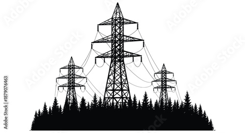 electric power transmission towers standing tall on a hill with trees silhouette high quality professional detailed modern elegant stylish clean crisp