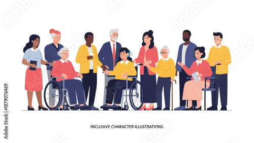 Diverse group of people with disabilities and seniors standing together