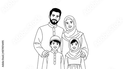 Happy Muslim family portrait line art illustration.