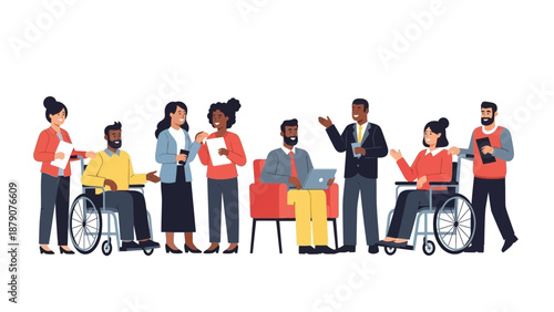Diverse group of people with disabilities interacting in inclusive workspace