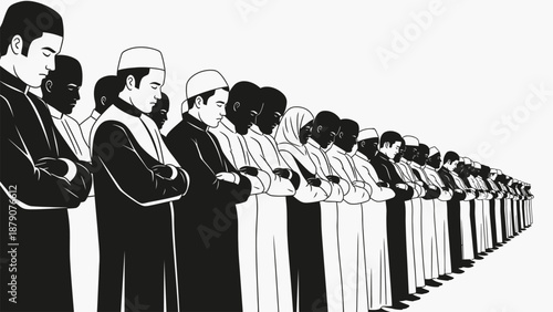 Muslim men performing congregational prayer in mosque illustration.