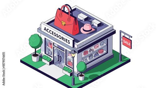 Stylish isometric accessories store building with giant handbag and hat on the roof and products displayed in windows under a red sale sign.