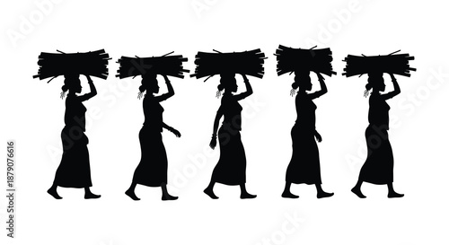 five women carrying bundles on their heads in a striking silhouette high quality professional detailed modern elegant stylish clean crisp vibrant