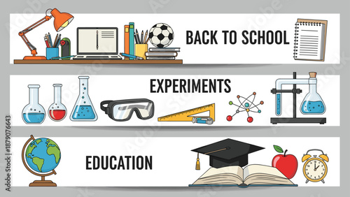 Set of three educational horizontal banners themed around back to school, science experiments, and general education with relevant icons.