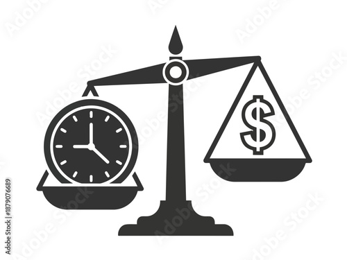 A black and white illustration of a scale with a clock and dollar sign weighing importance of time versus money