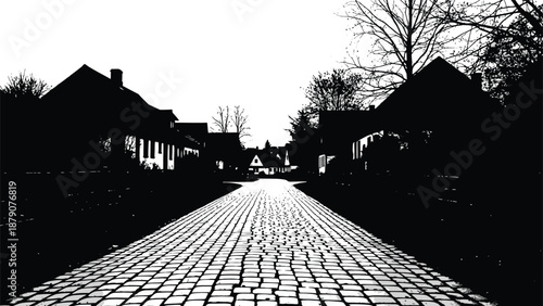 A striking black and white view down a cobbled path towards buildings showcasing a dramatic high contrast silhouette high quality professional detailed