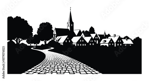 A striking black and white depiction showcases a quaint village with a prominent church steeple and winding river presented as a silhouette