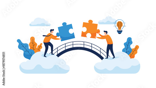Two people working together to connect giant blue and orange puzzle pieces on a bridge between clouds for successful business collaboration.