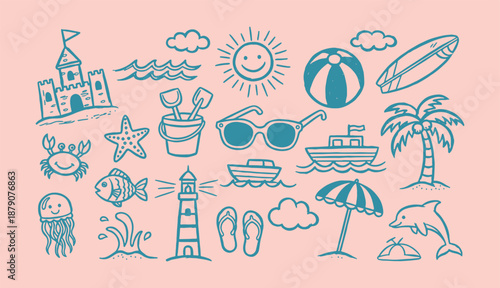 Hand drawn summer beach doodle icon set with cute seaside elements in playful sketch style