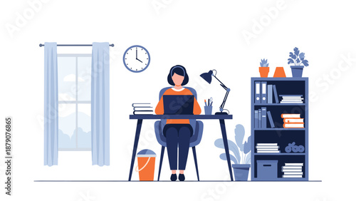 Young woman sitting at a desk and working on her laptop computer in a cozy home office environment with bookshelves and a window view.