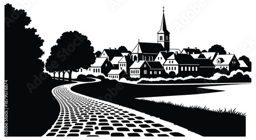 A striking black and white illustration depicts a quaint european town with a prominent church steeple and winding road silhouette