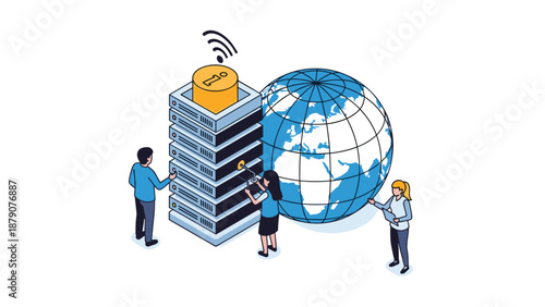Team of technicians maintaining a large data server rack connected to a global network globe representing worldwide cloud storage services.