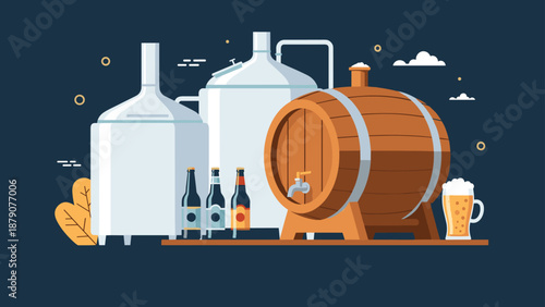 Modern brewery factory scene with large stainless steel tanks a wooden barrel and bottled beer for professional craft brewing industry.