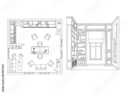 Office and Home Study Interior Design – CAD Floor Plan Furniture Vector Illustration