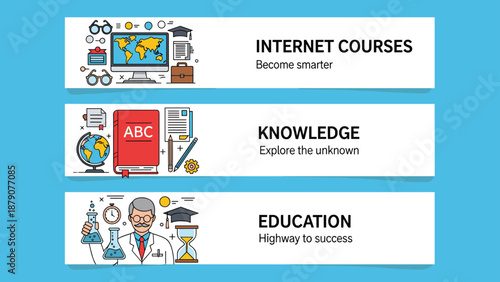 Set of three educational web banners covering internet courses deep knowledge and professional education for personal and career growth.